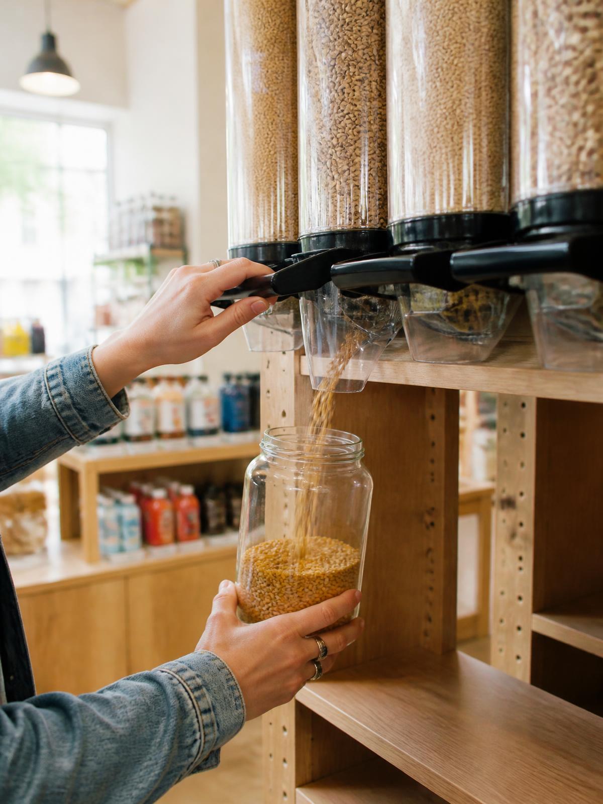 Cliente remplissant un pot en verre réutilisable de grains en vrac